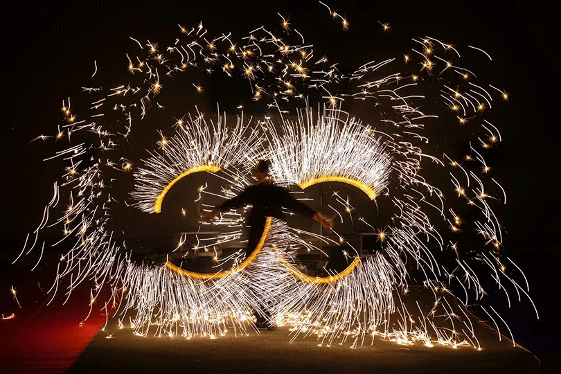 Feuershow — Funkenrad in der Nacht (Animation)