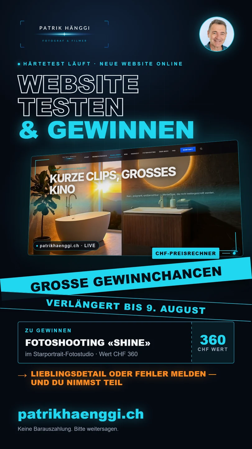 Wettbewerbsplakat: Website testen und gewinnen — Fotoshooting SHINE im Wert von 360 Franken, bis 9. August