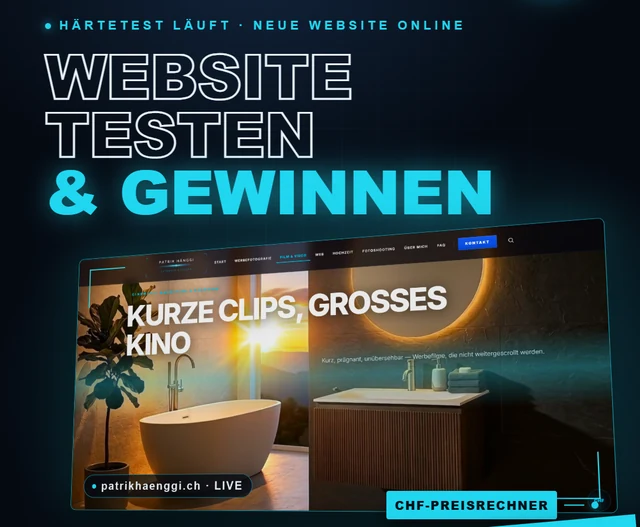 Wettbewerbsplakat: Website testen und gewinnen — Fotoshooting SHINE im Wert von 360 Franken