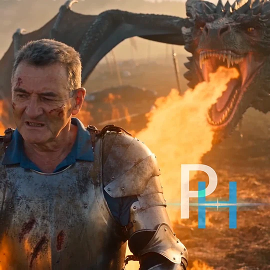 Standbild aus dem Fun-Video: Patrik Hänggi als Ritter vor einem feuerspeienden Drachen