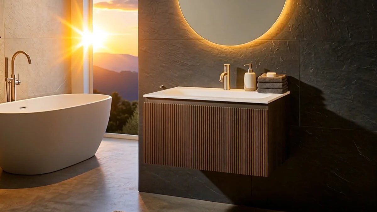 Still from the corporate film — bathroom in evening light