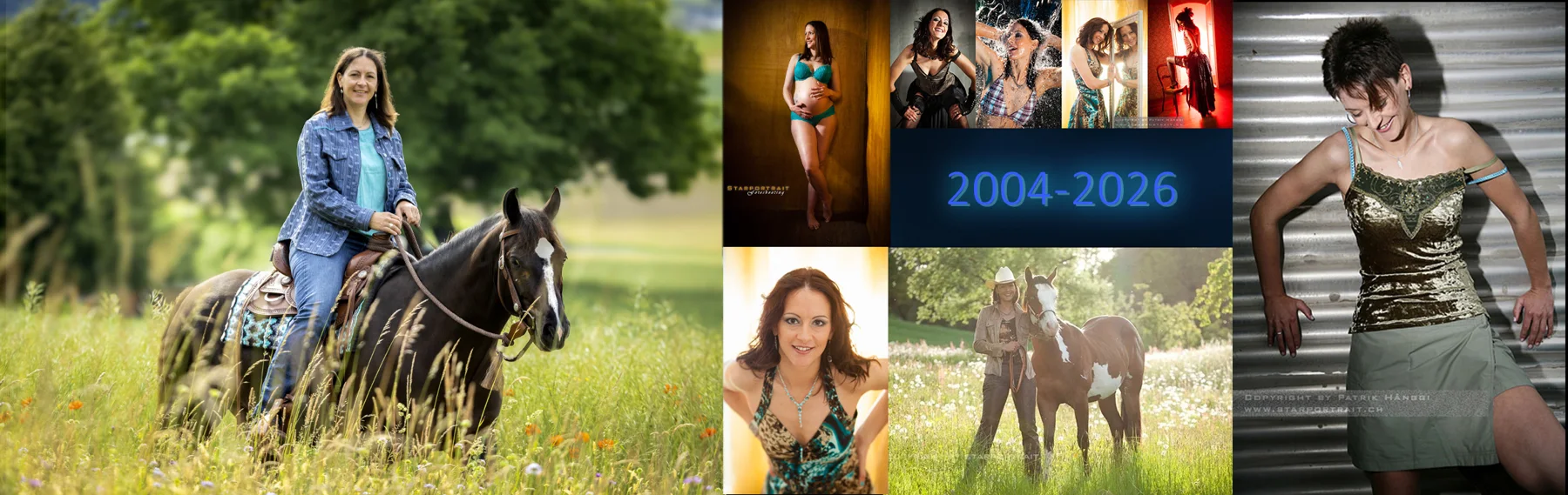 Collage Starportrait 2004–2026 — 22 Jahre Fotoshootings von Alexandra Graf mit Patrik Hänggi, vom Studio-Portrait bis zum Pferde-Shooting